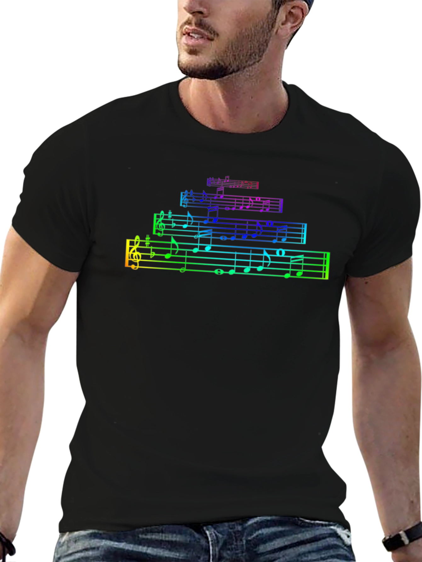 Rainbow Music Notes Black T-Shirt