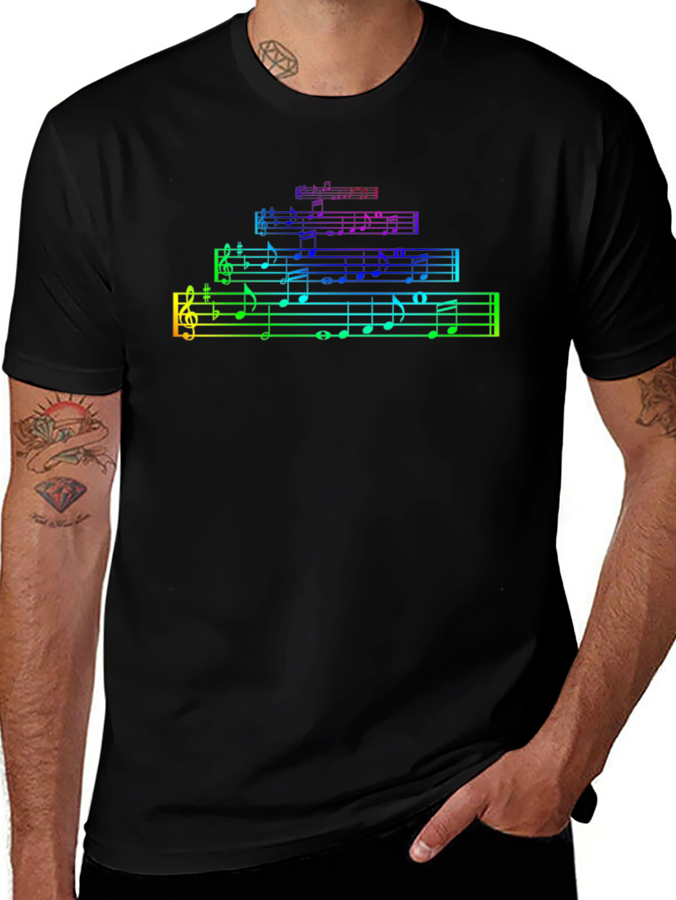 Rainbow Music Notes Black T-Shirt