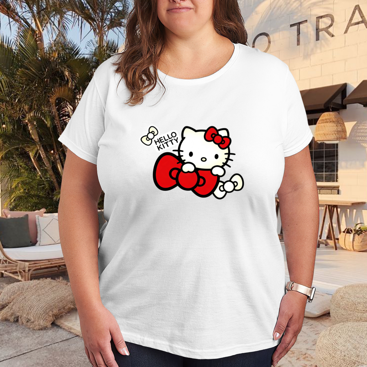 Big Bow Hello Kitty Cute Minimalist Plus?Size Ladies Tee