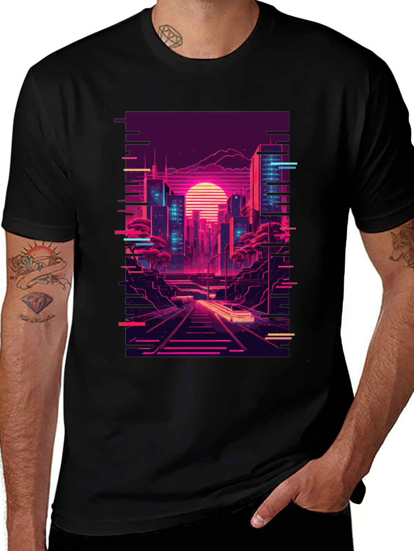 Neon Cityscape Graphic Tee - Retro Synthwave Design