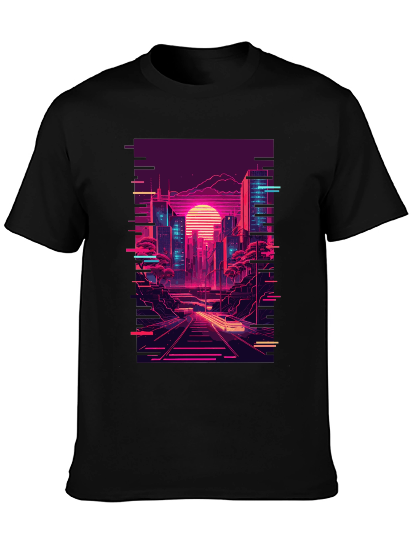 Neon Cityscape Graphic Tee - Retro Synthwave Design