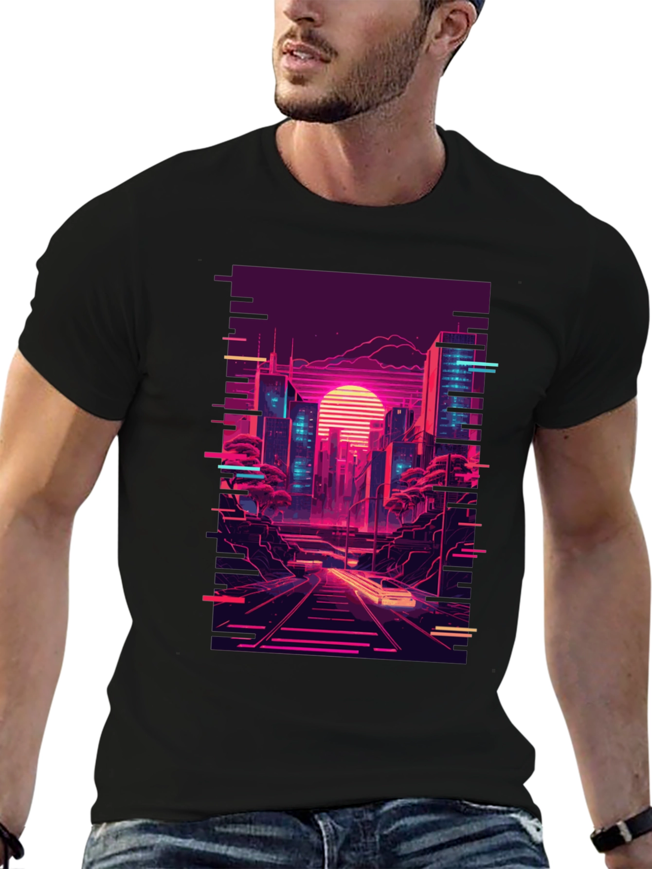 Neon Cityscape Graphic Tee - Retro Synthwave Design