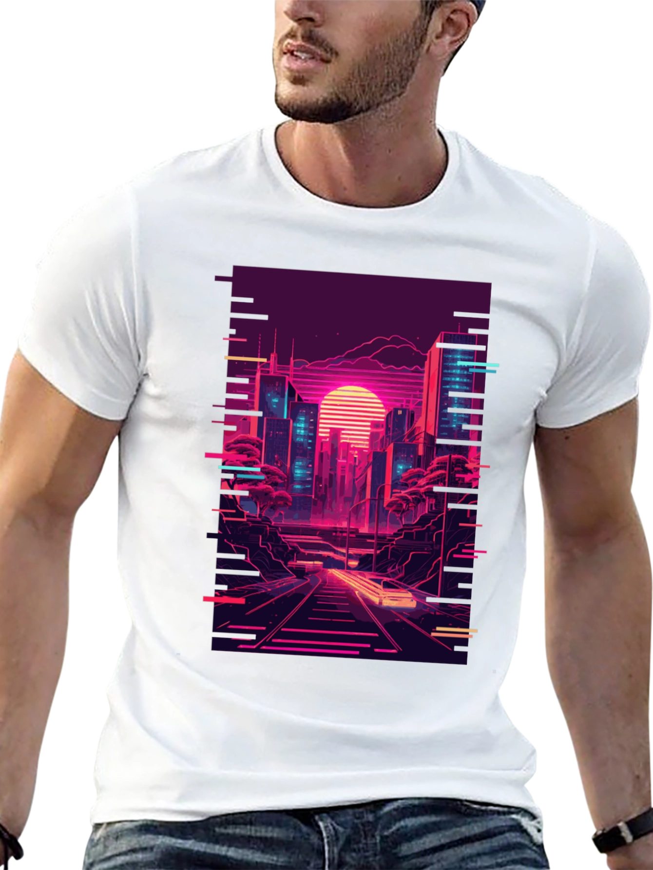 Neon Cityscape Graphic Tee - Retro Synthwave Design
