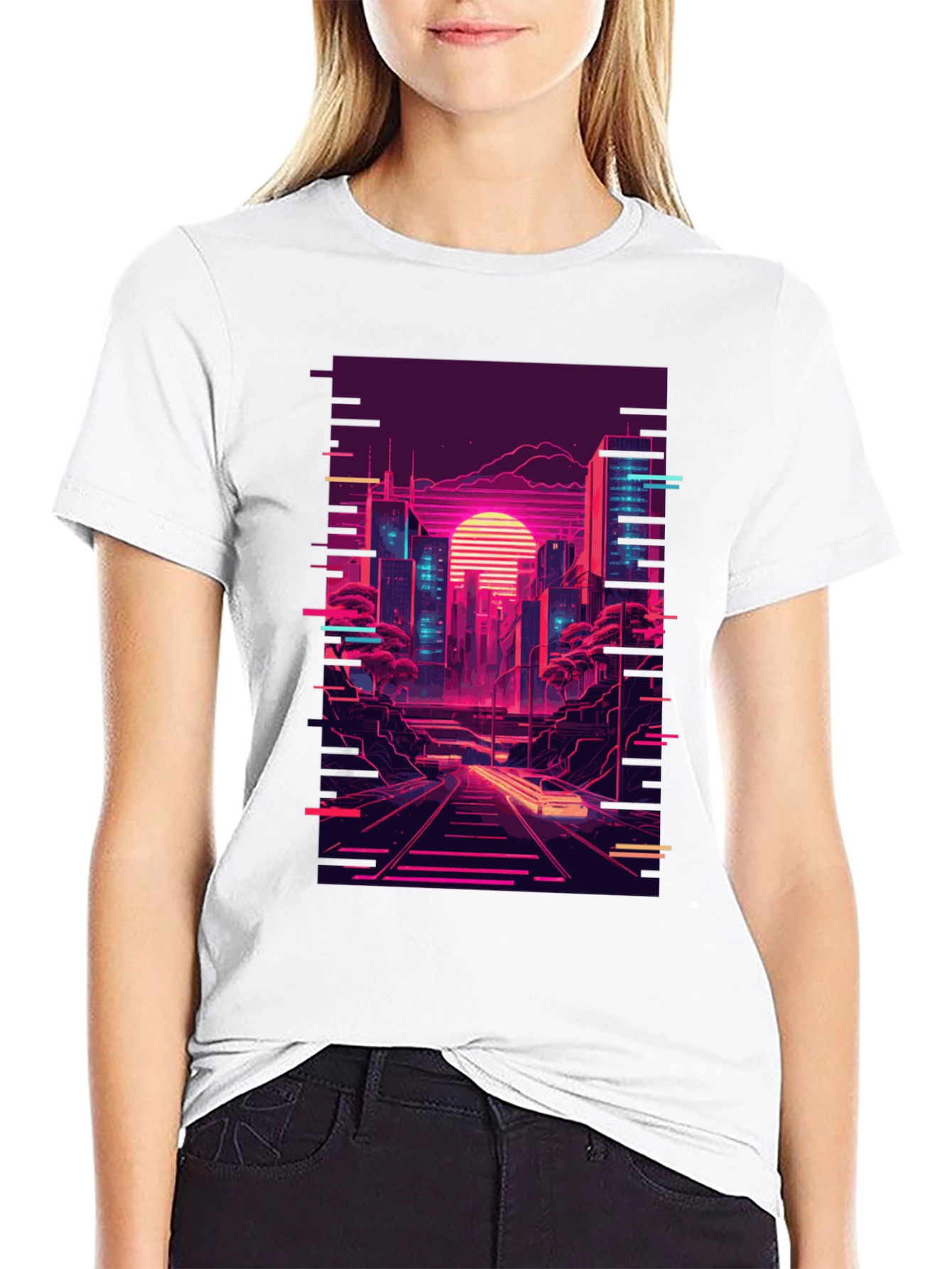 Neon Cityscape Graphic Tee - Retro Synthwave Design