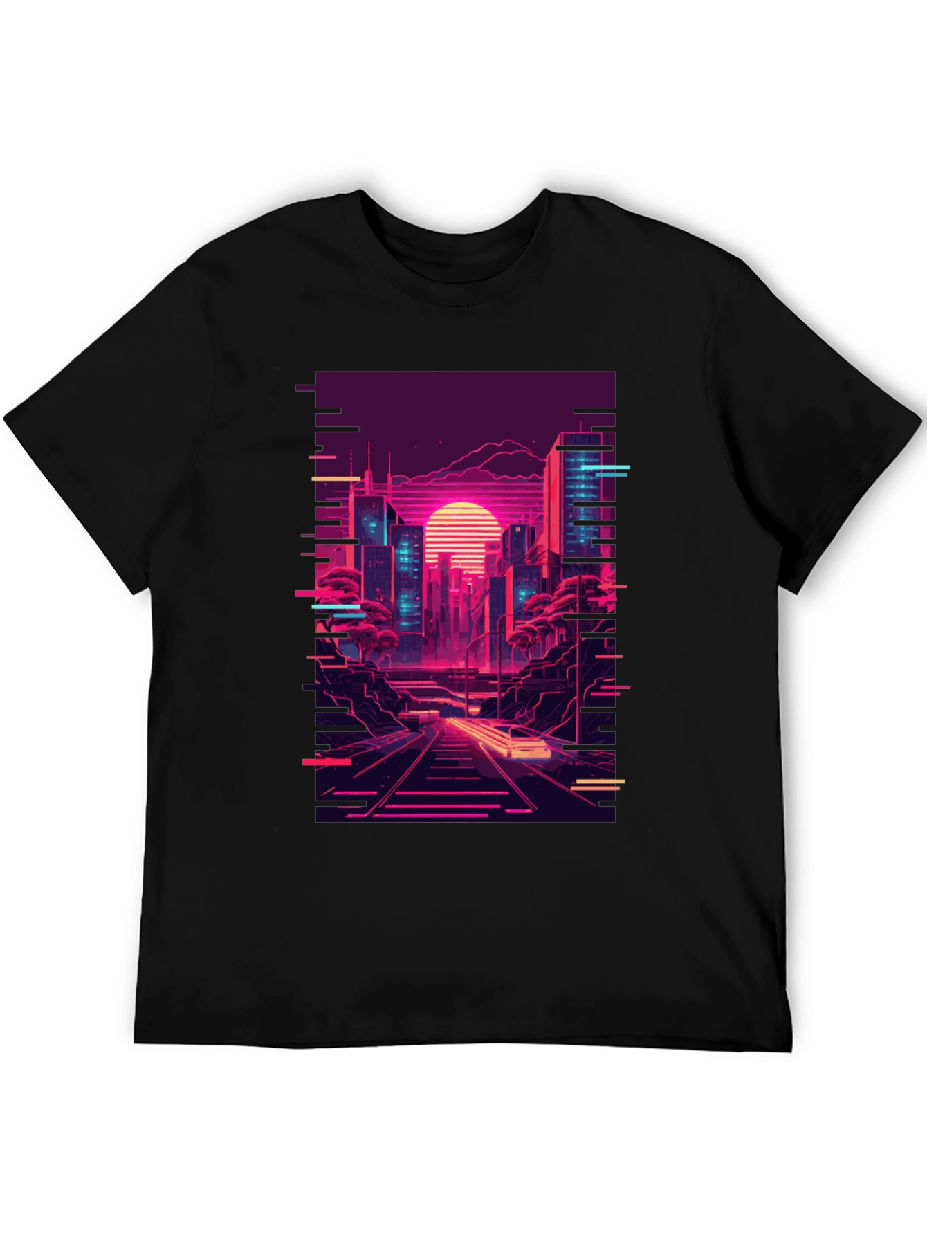 Neon Cityscape Graphic Tee - Retro Synthwave Design