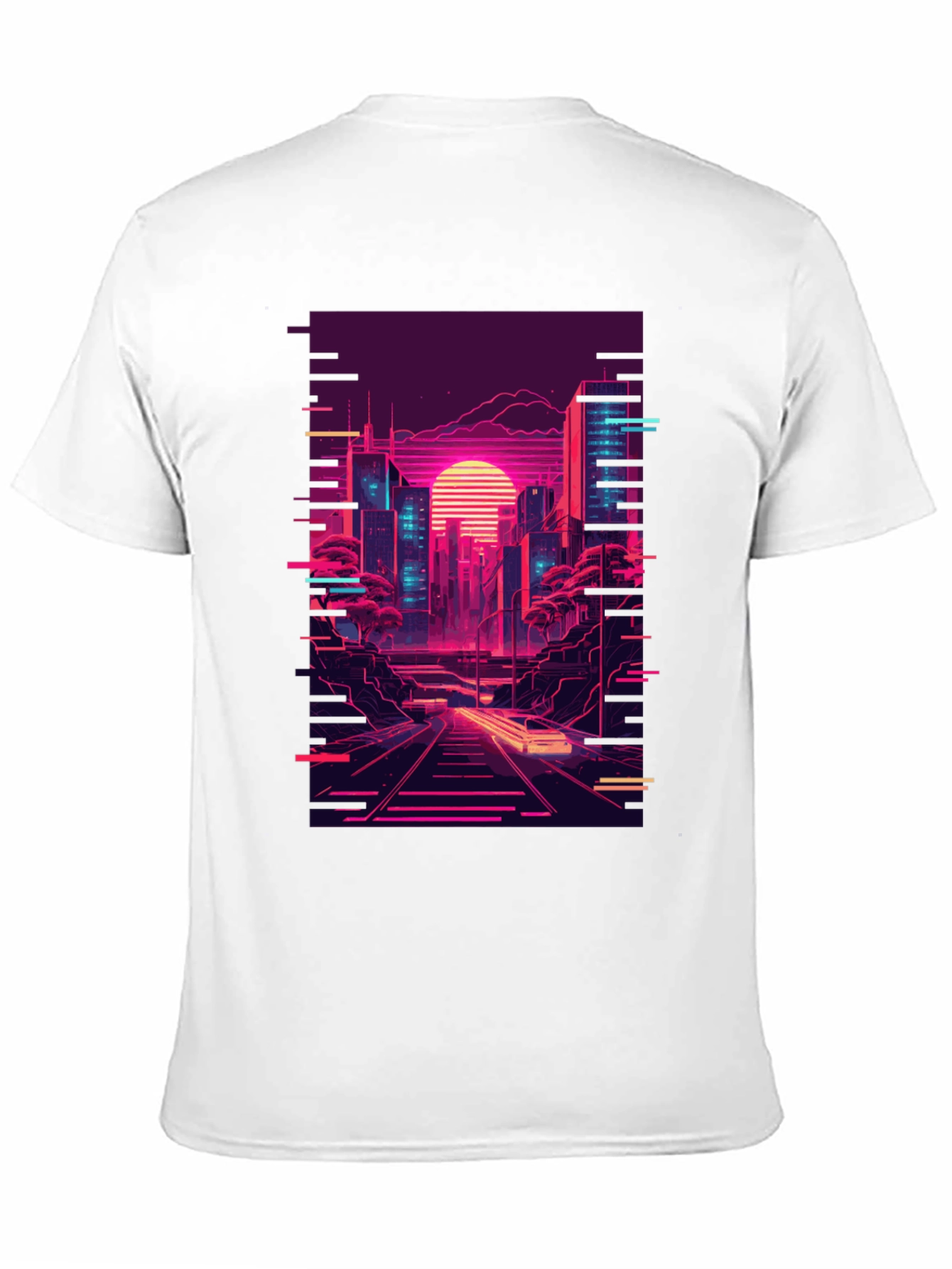 Neon Cityscape Graphic Tee - Retro Synthwave Design