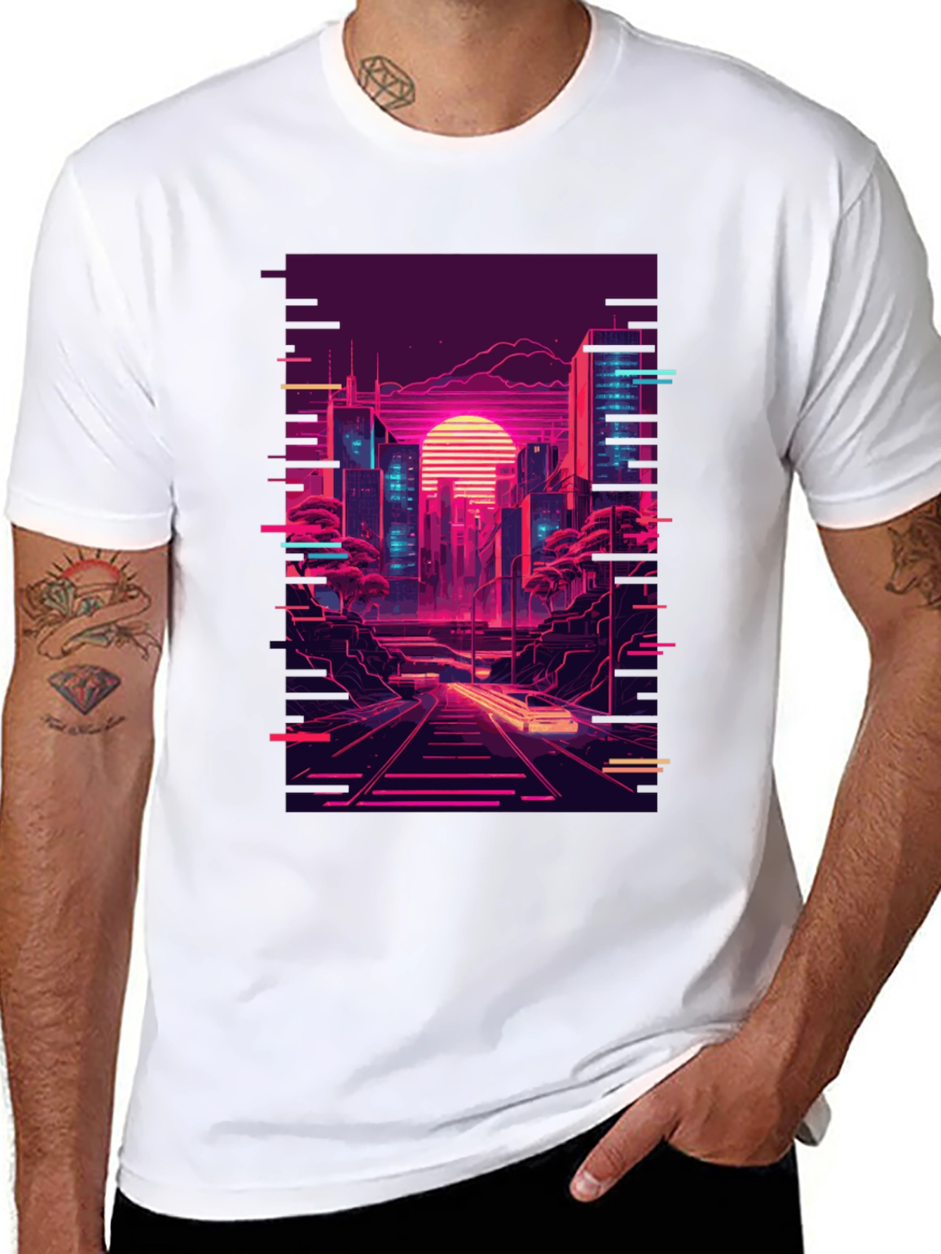 Neon Cityscape Graphic Tee - Retro Synthwave Design