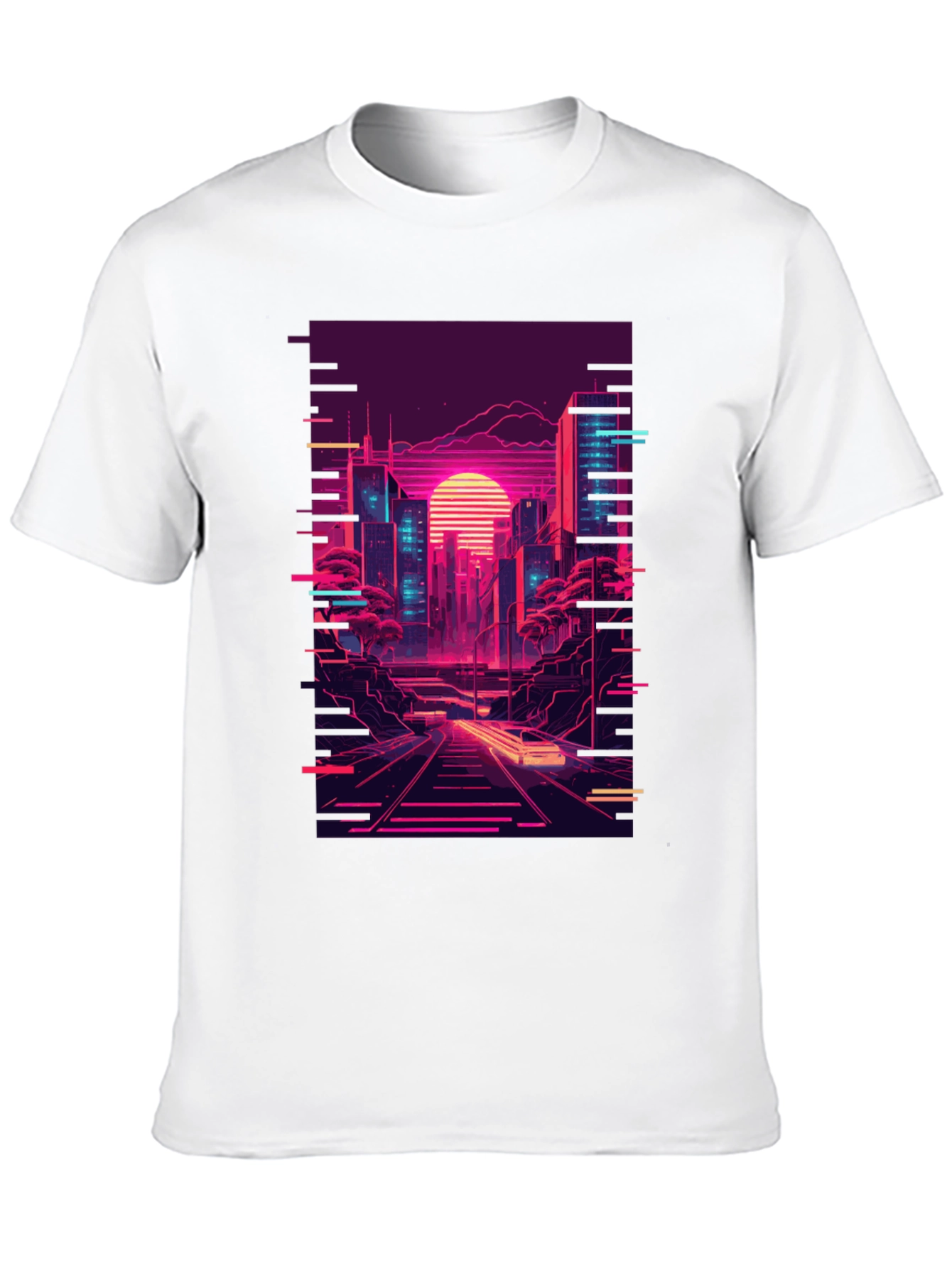 Neon Cityscape Graphic Tee - Retro Synthwave Design