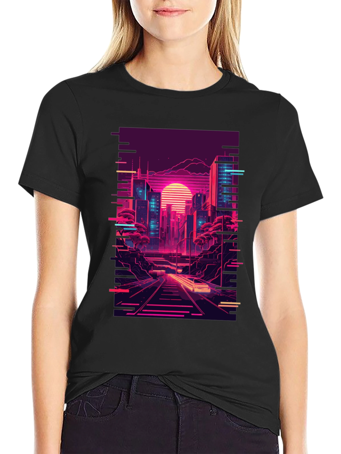 Neon Cityscape Graphic Tee - Retro Synthwave Design