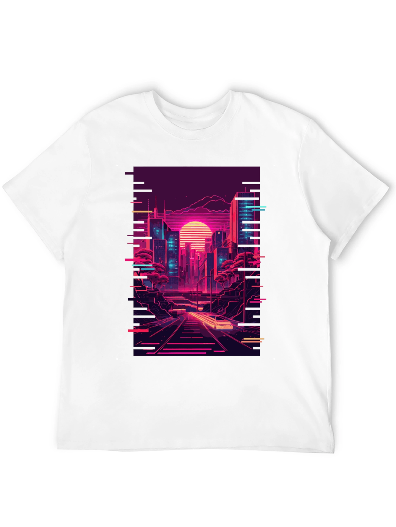 Neon Cityscape Graphic Tee - Retro Synthwave Design