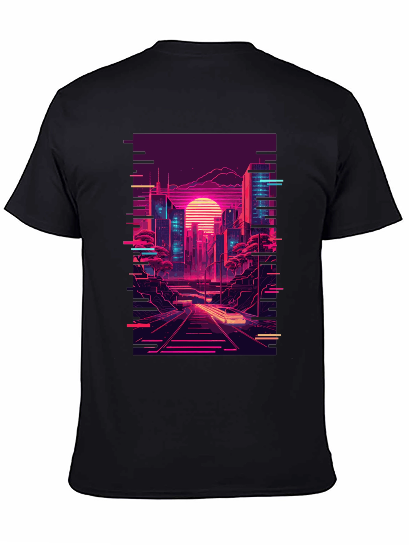 Neon Cityscape Graphic Tee - Retro Synthwave Design