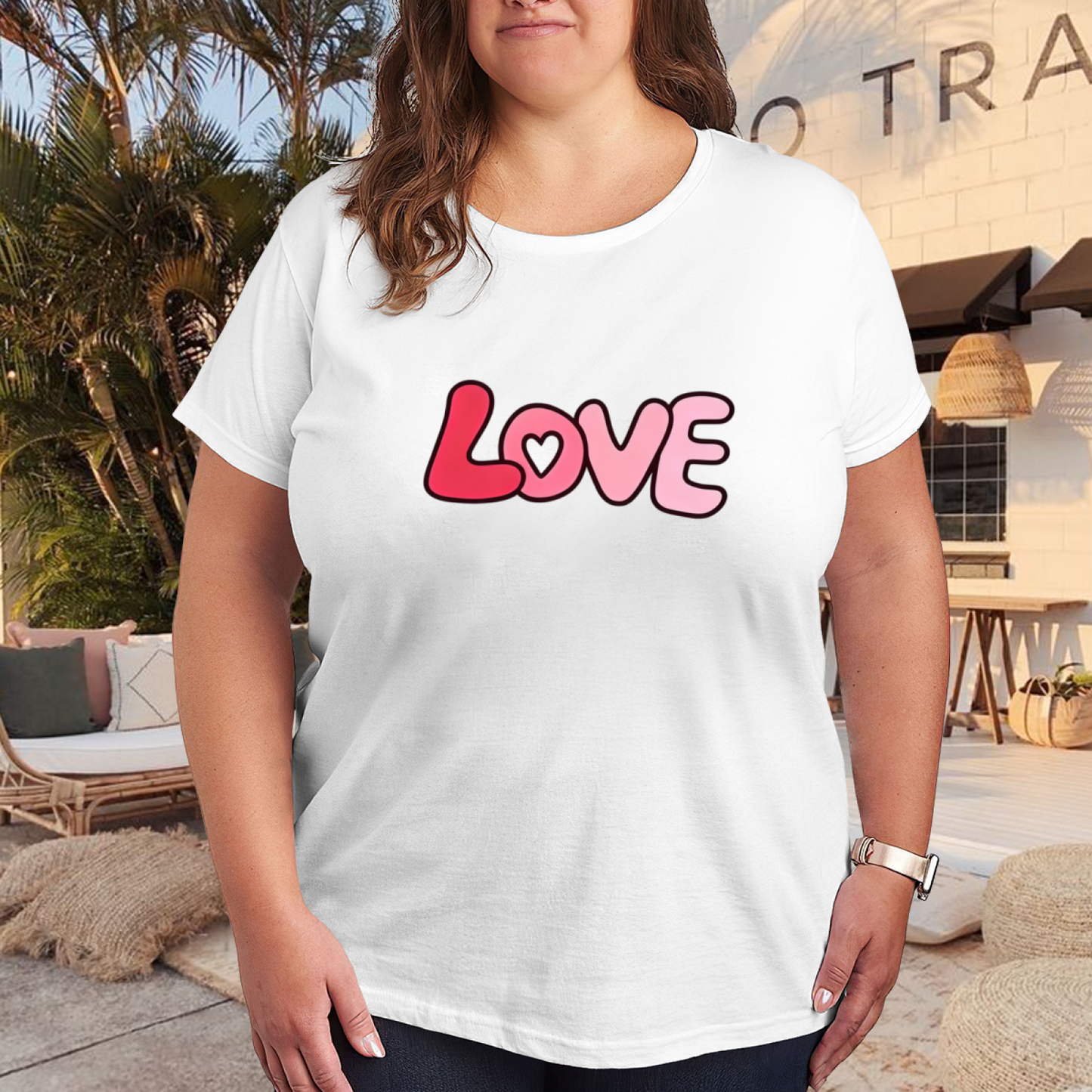 Gradient LOVE Bubble Letter Sweet Plus?Size Women Casual Short Tee