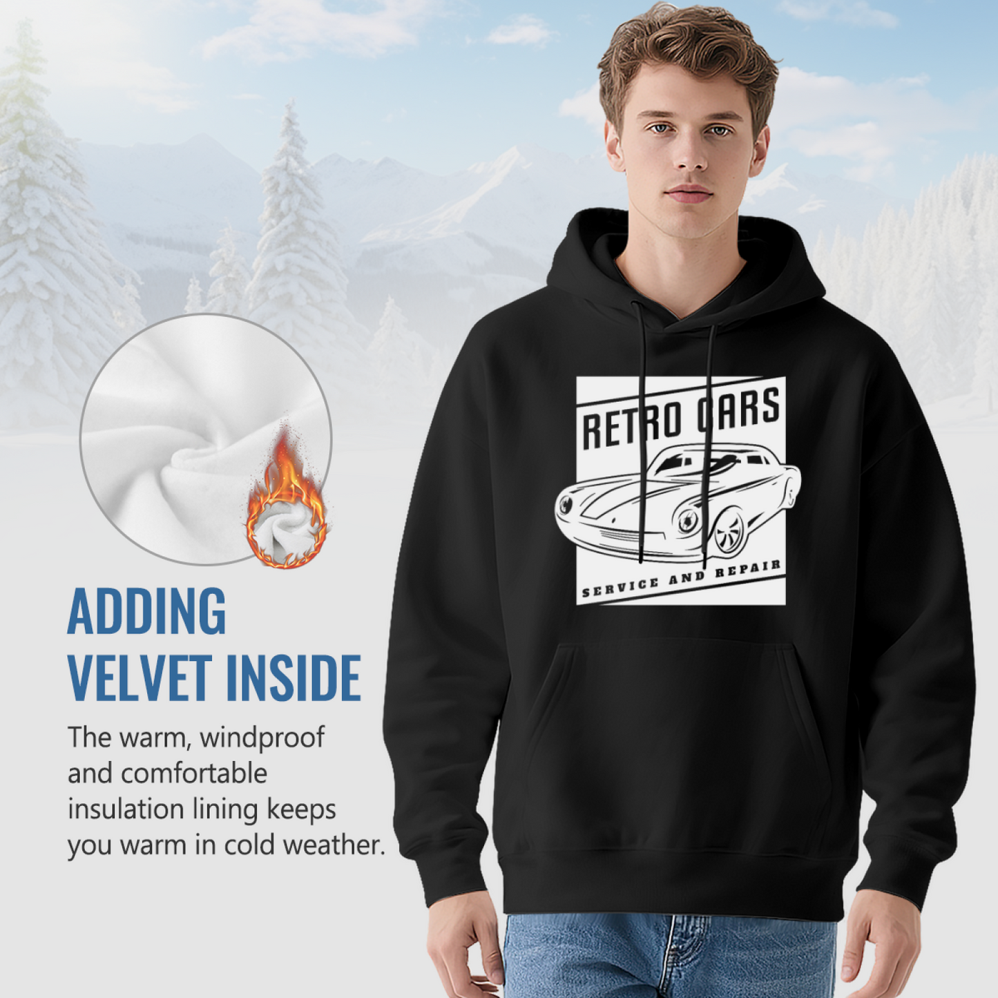 Retro Classic Car Service Repair Line Art Black Hoodie, Comfort Men Auto Sweatshirt