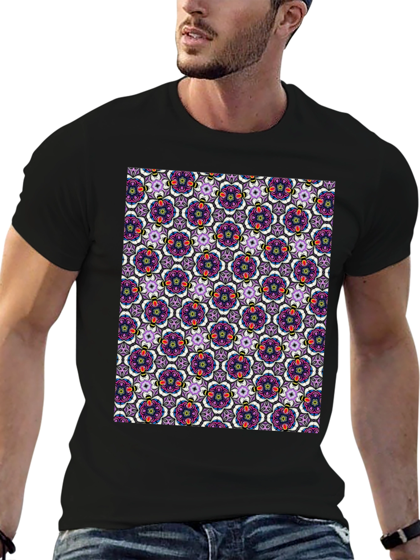 Floral Pattern T-Shirt - Mens Cotton Tee