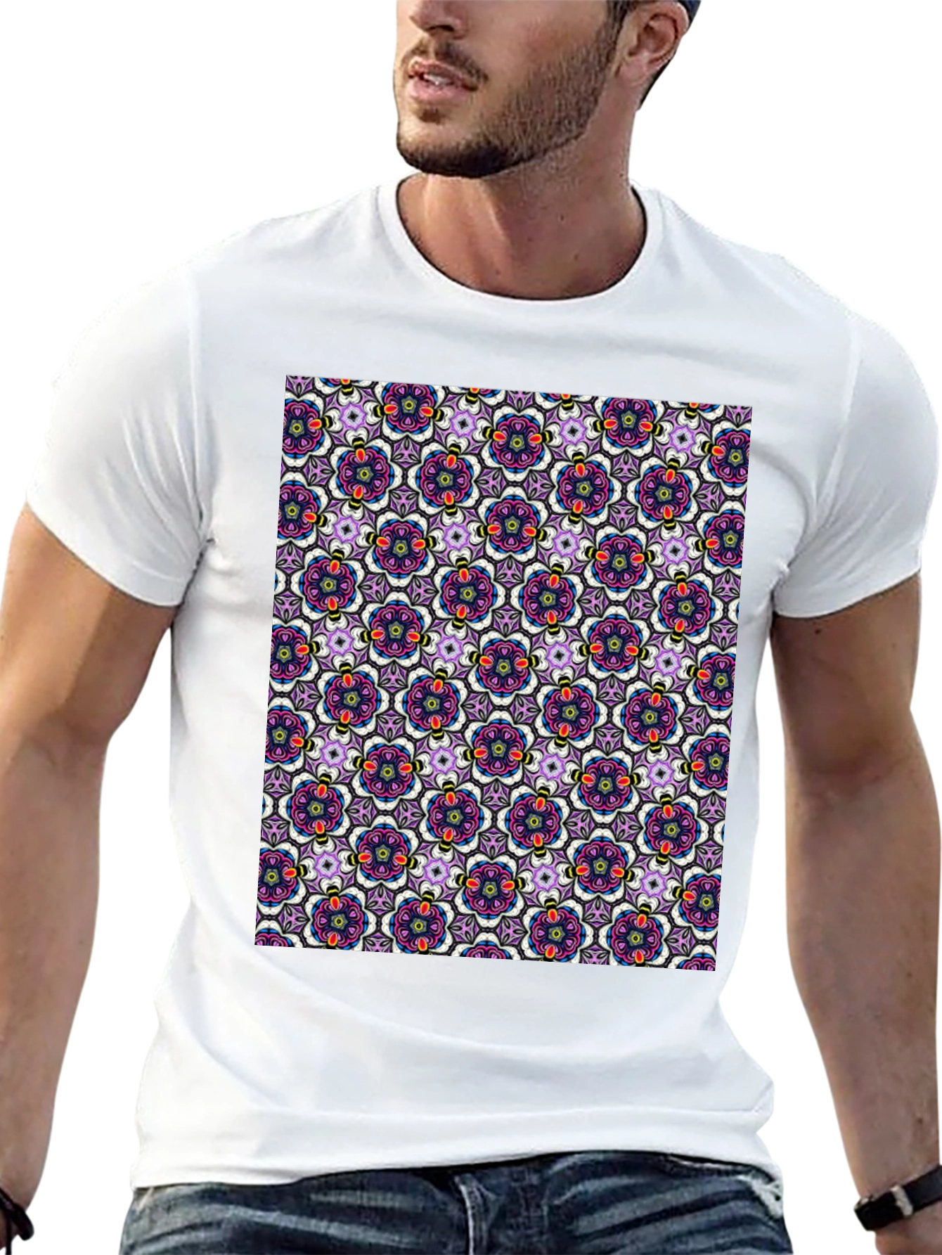 Floral Pattern T-Shirt - Mens Cotton Tee