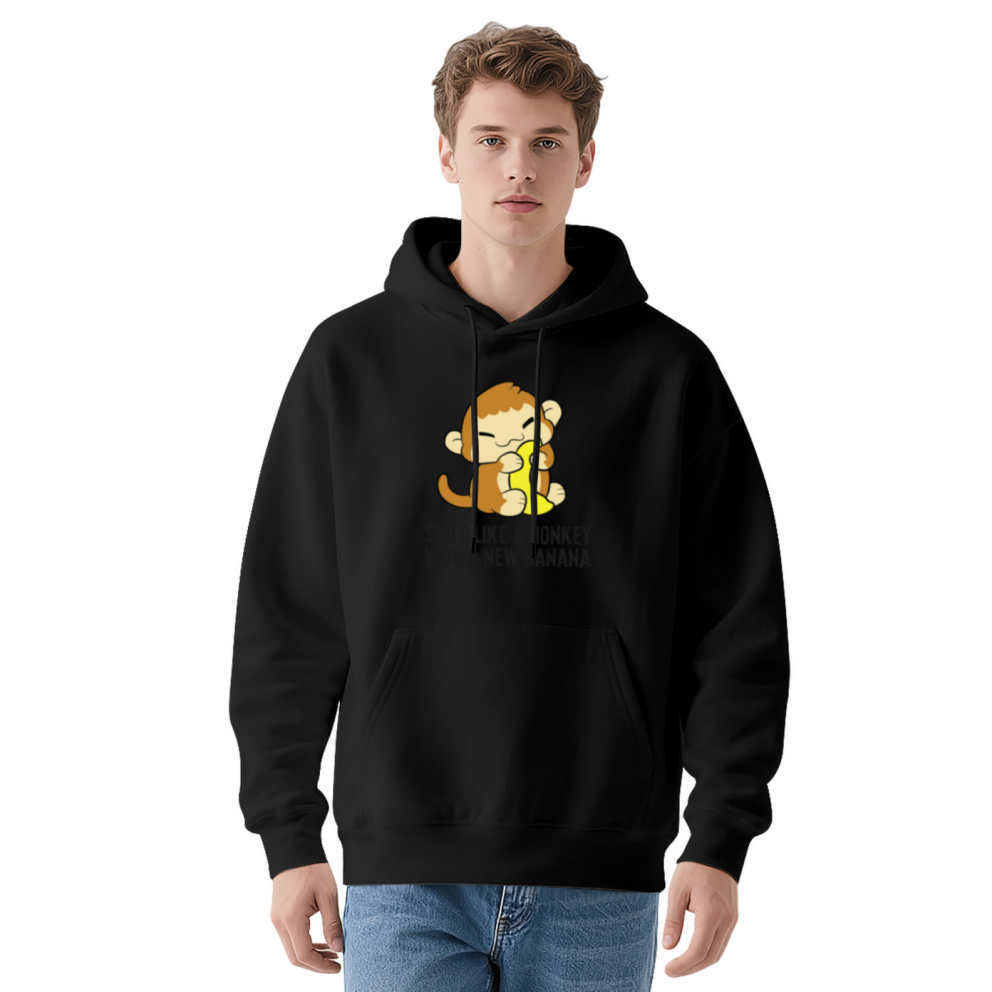 Cute Monkey Banana Cartoon White Hoodie, Soft Sweet Casual Men Women Pullover