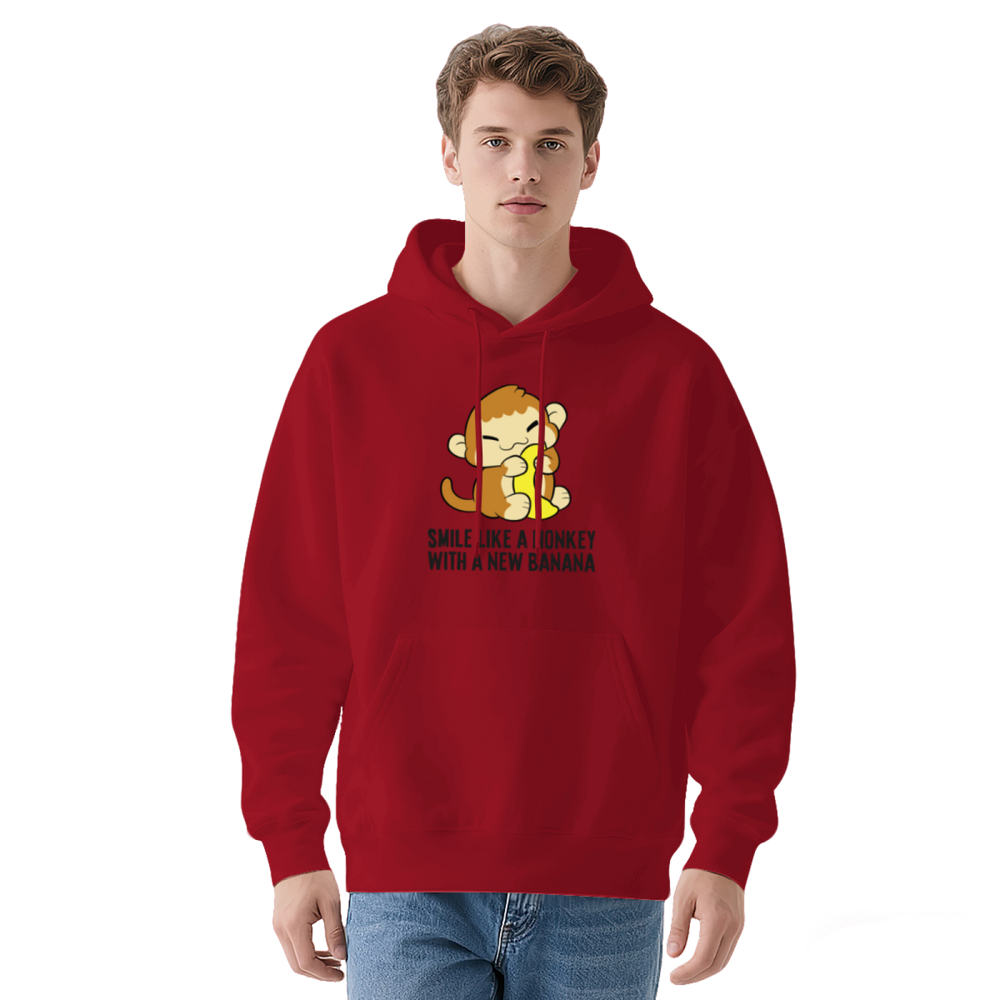 Cute Monkey Banana Cartoon White Hoodie, Soft Sweet Casual Men Women Pullover