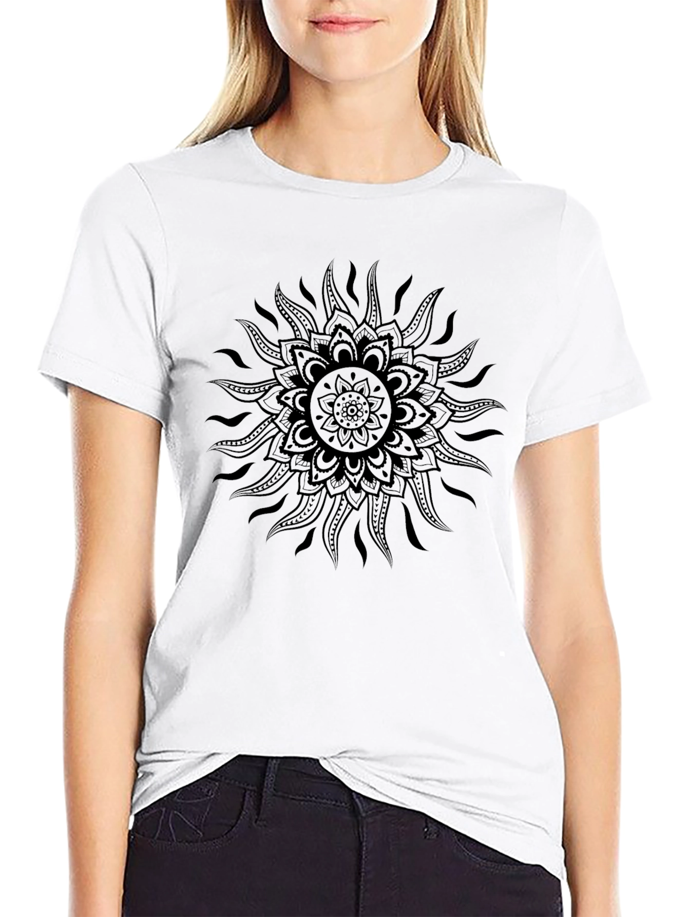 Black Sun Mandala Graphic Tee - Modern Style