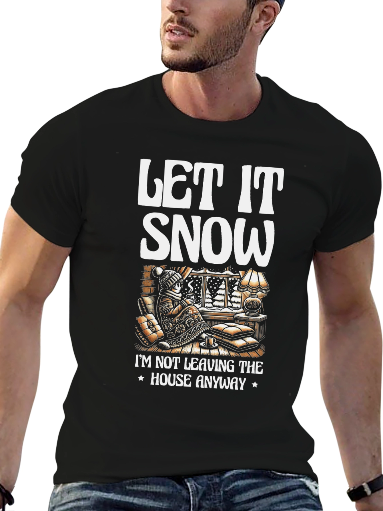 Let It Snow T-Shirt Winter Cozy Cabin Black Tee