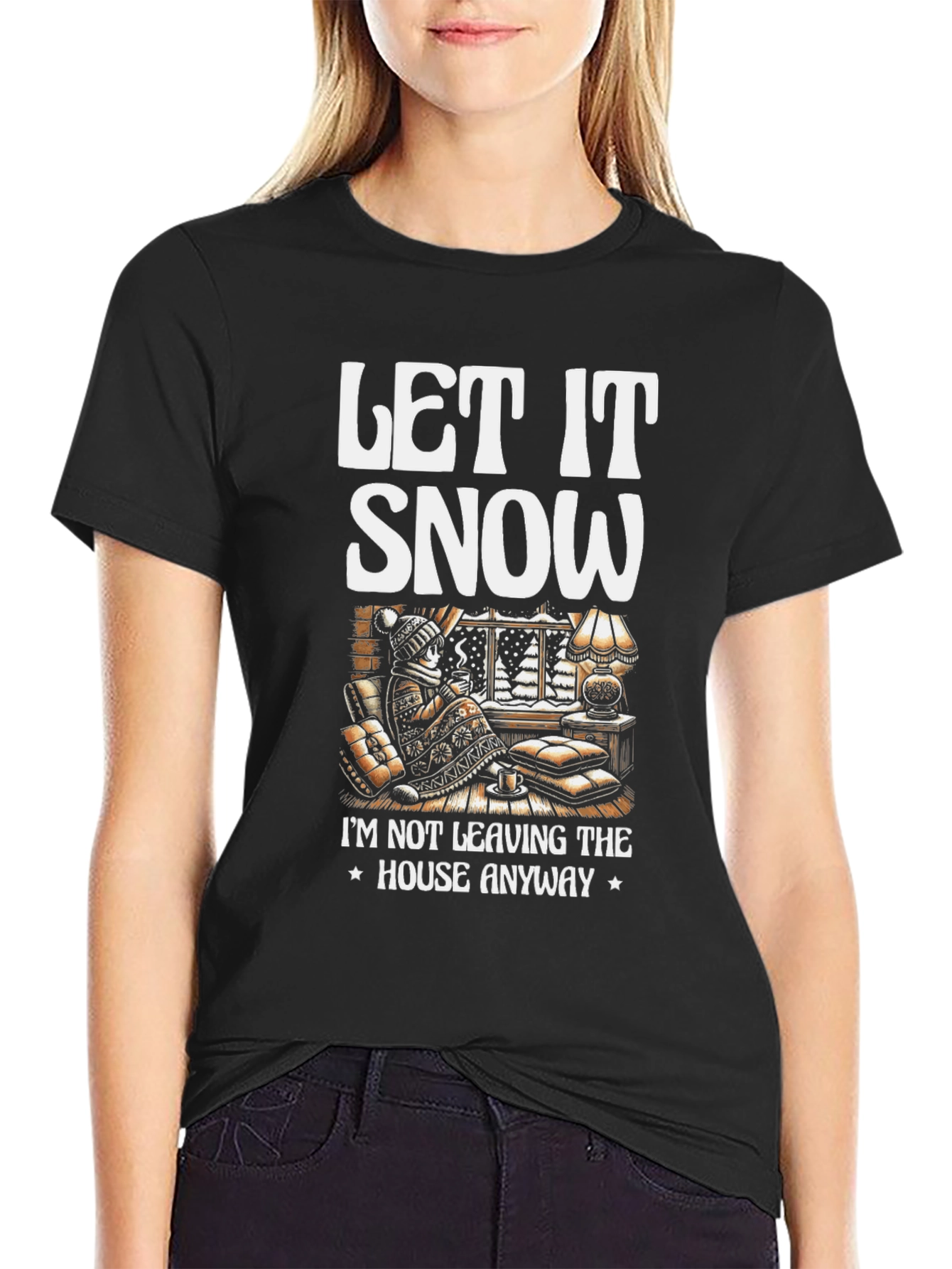 Let It Snow T-Shirt Winter Cozy Cabin Black Tee