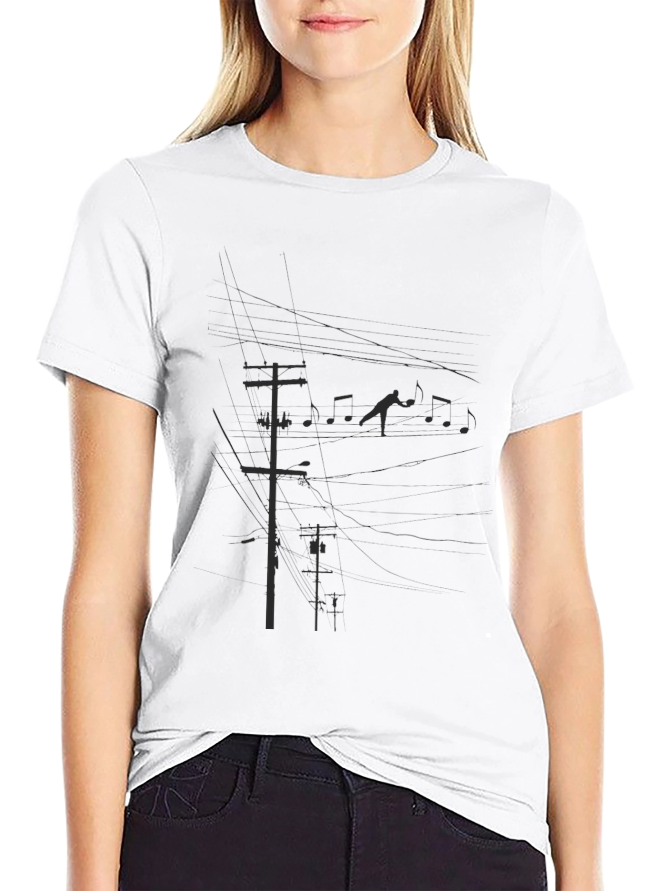 Black Graphic Tee - Power Lines and Music