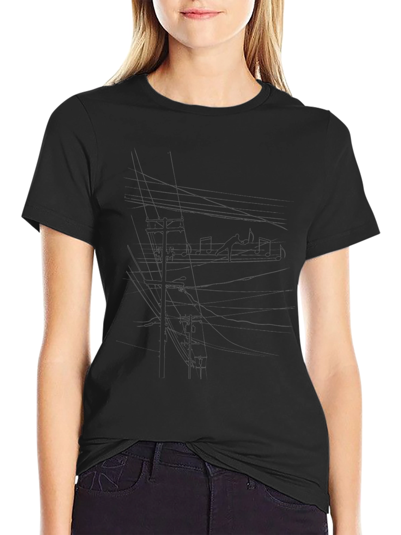 Black Graphic Tee - Power Lines and Music