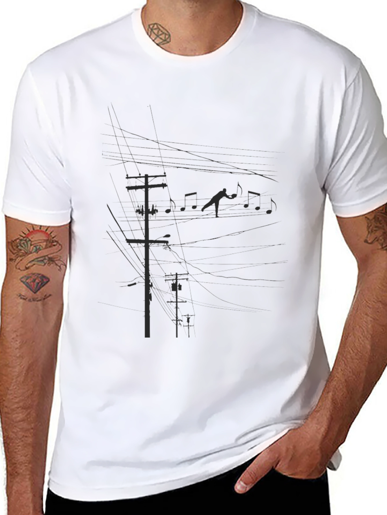 Black Graphic Tee - Power Lines and Music