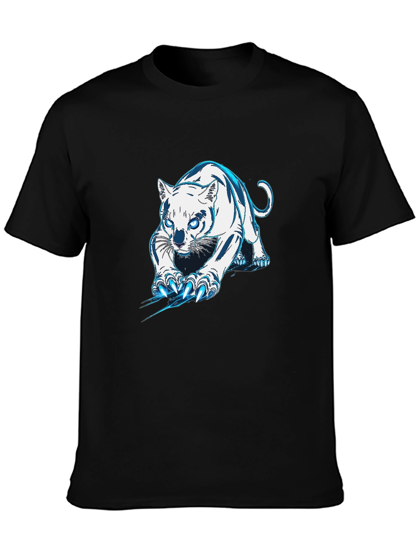 Black Tee with White & Blue Tiger Graphic