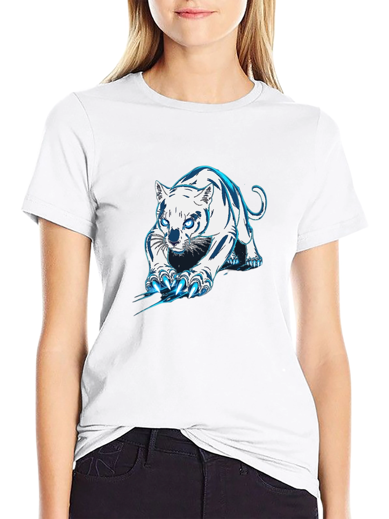 Black Tee with White & Blue Tiger Graphic