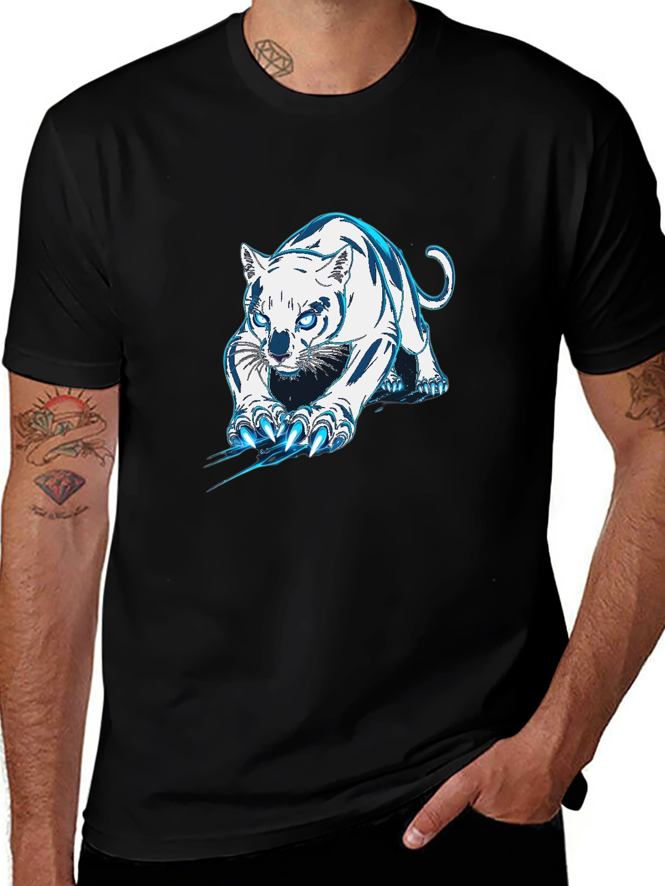 Black Tee with White & Blue Tiger Graphic