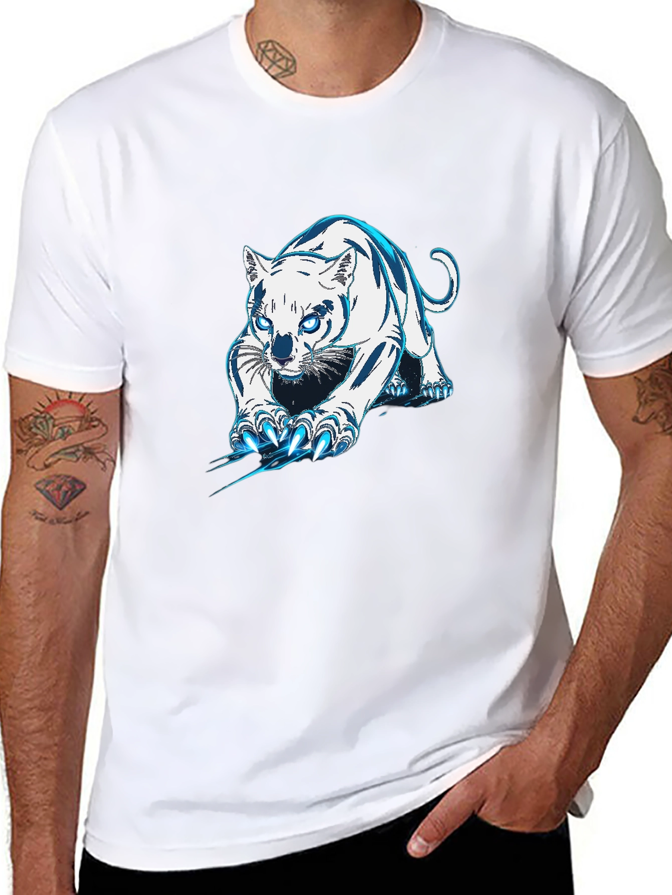 Black Tee with White & Blue Tiger Graphic