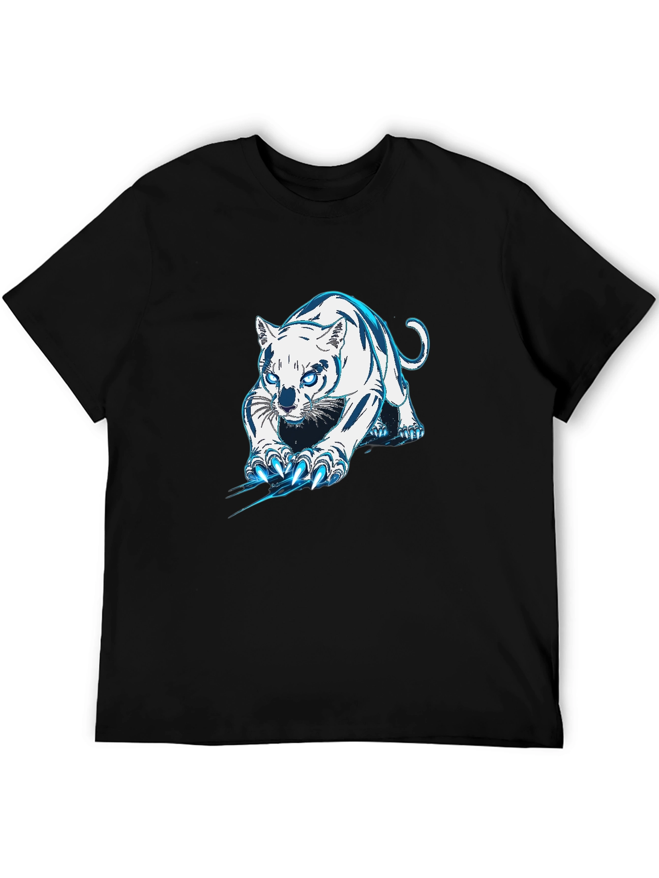 Black Tee with White & Blue Tiger Graphic