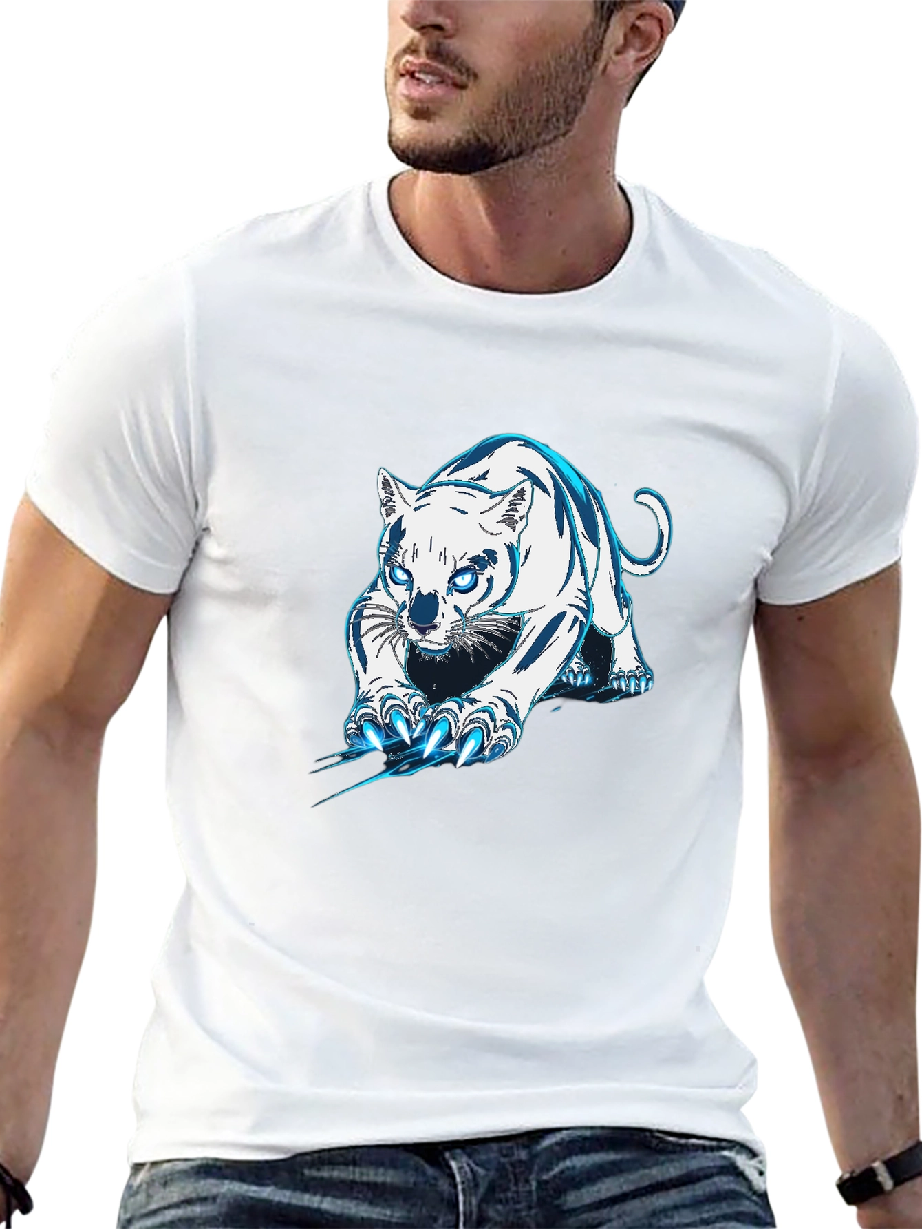 Black Tee with White & Blue Tiger Graphic