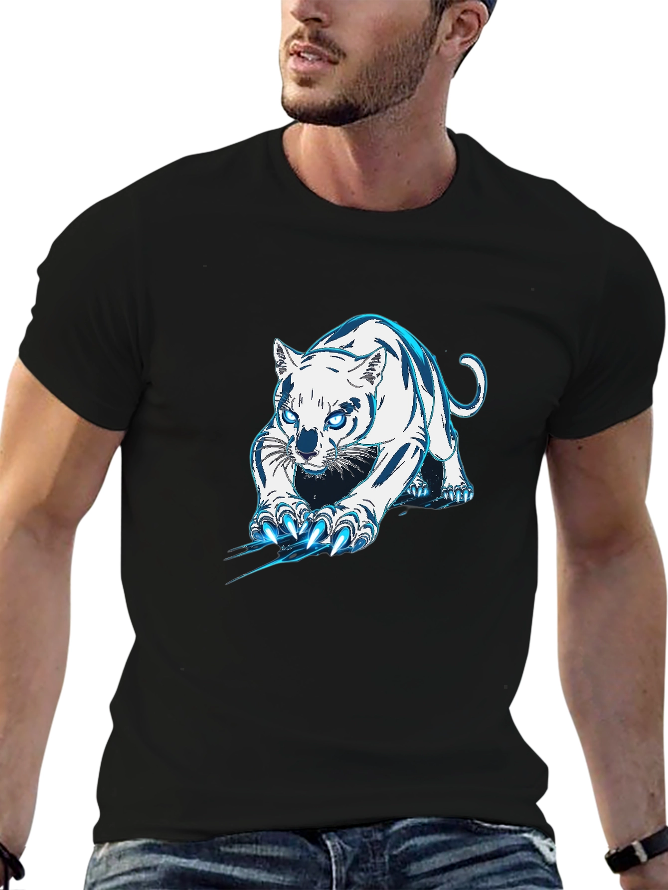 Black Tee with White & Blue Tiger Graphic