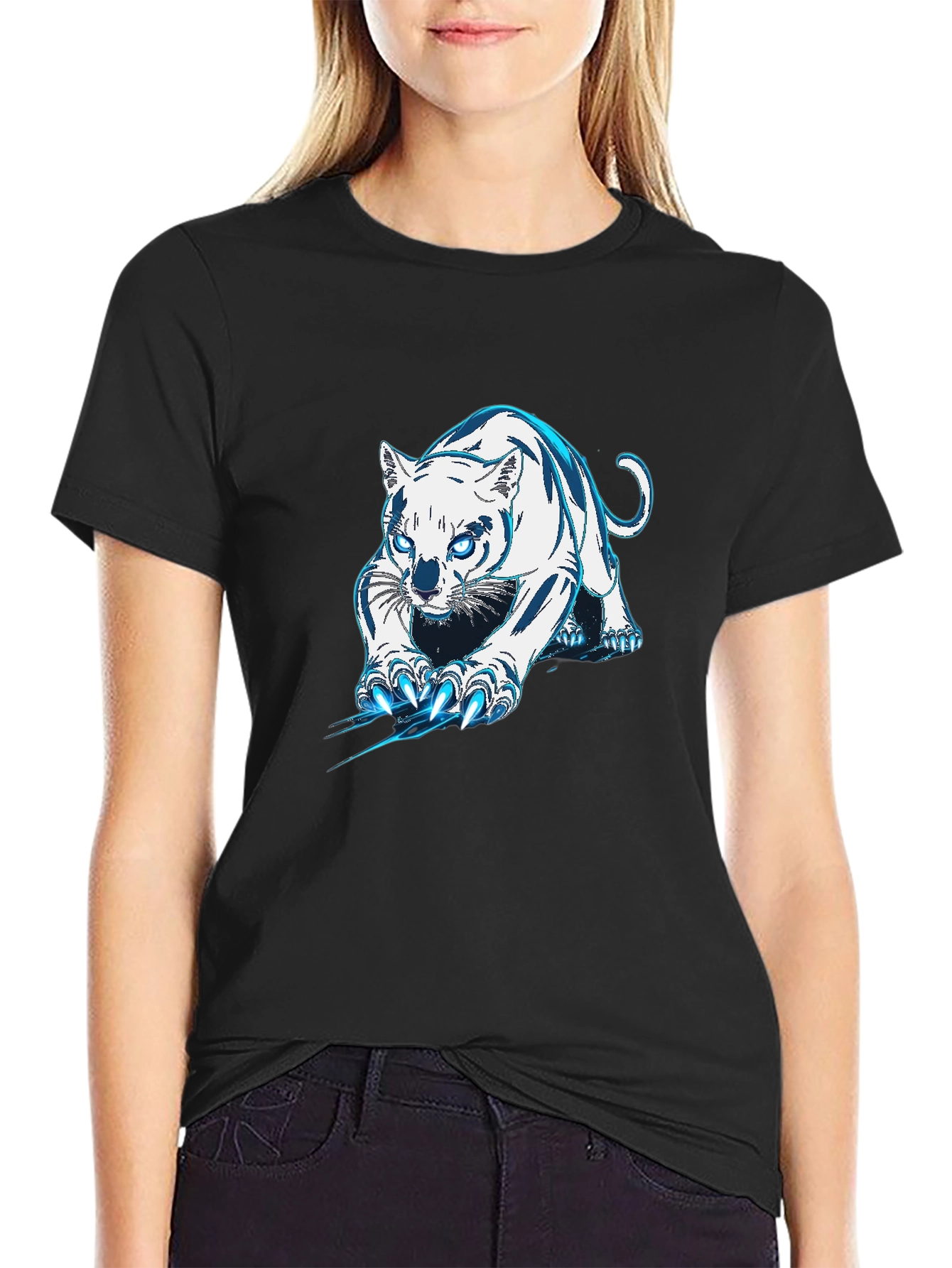 Black Tee with White & Blue Tiger Graphic