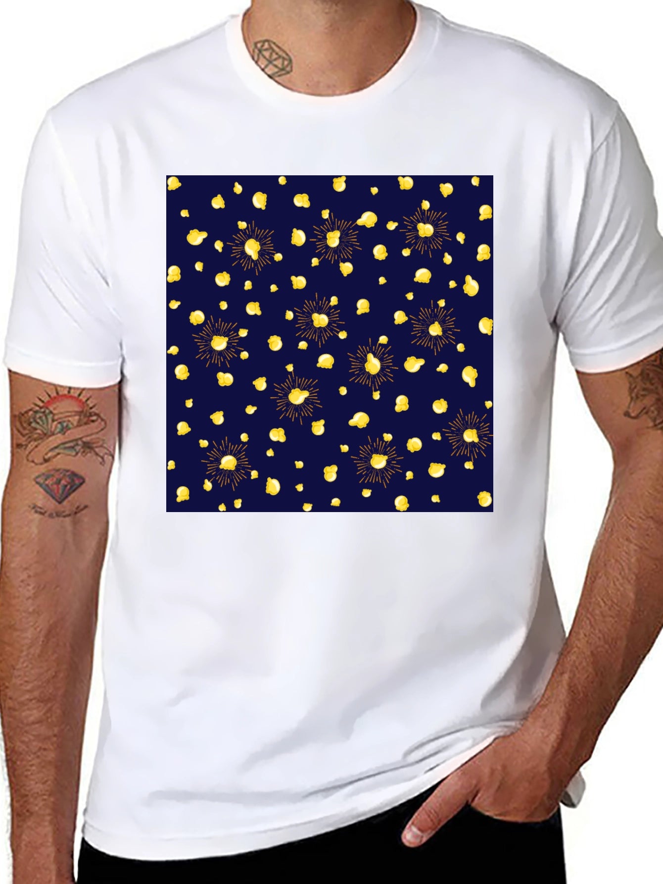 Stylish Black Tee with Unique Gold Pattern