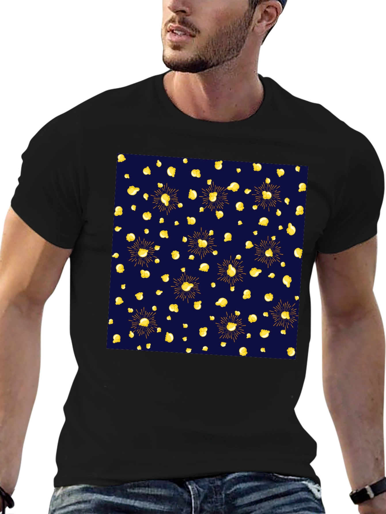 Stylish Black Tee with Unique Gold Pattern