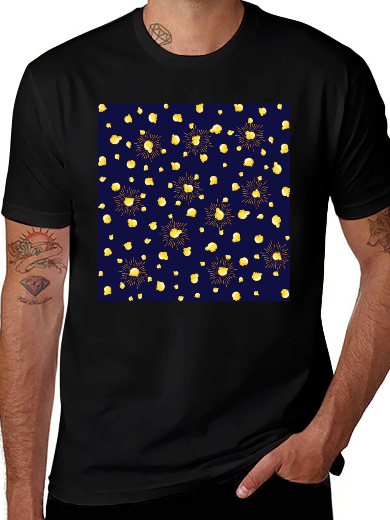 Stylish Black Tee with Unique Gold Pattern