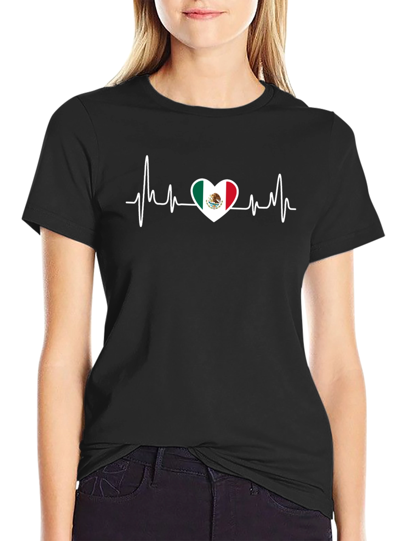 Mexico Flag Heartbeat Graphic Tee - Black Cotton T-Shirt