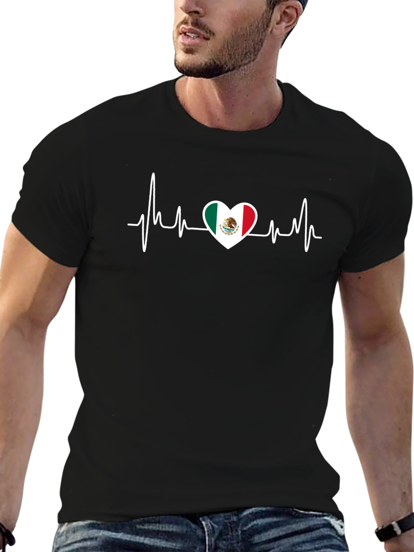Mexico Flag Heartbeat Graphic Tee - Black Cotton T-Shirt