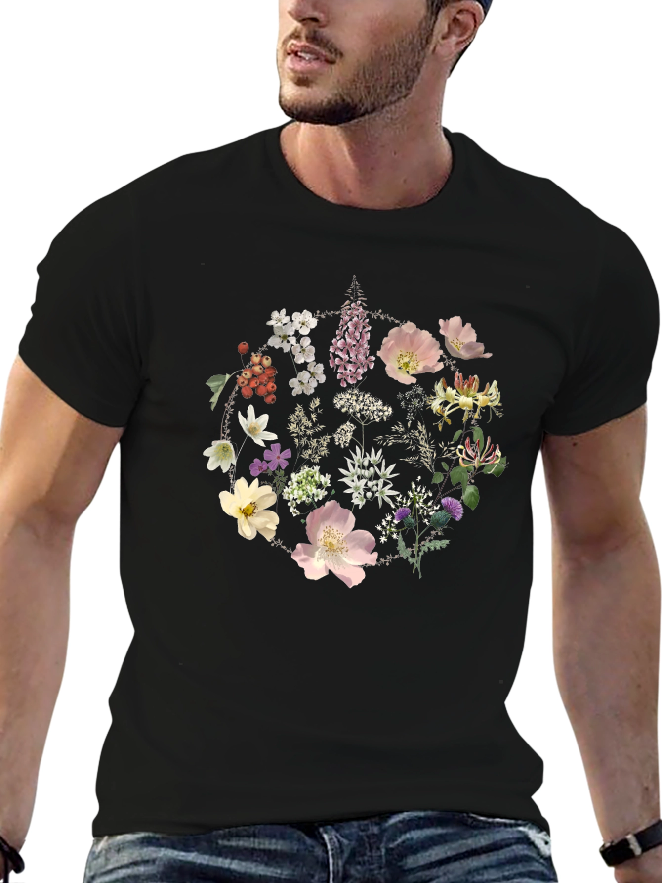 Floral Circle Graphic Tee - Stylish Black T-Shirt