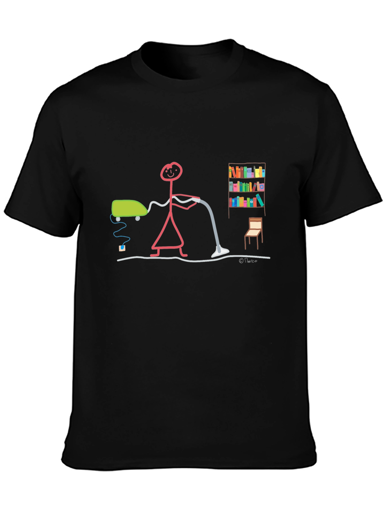 Humorous Stick Figure Vacuuming Black T-Shirt