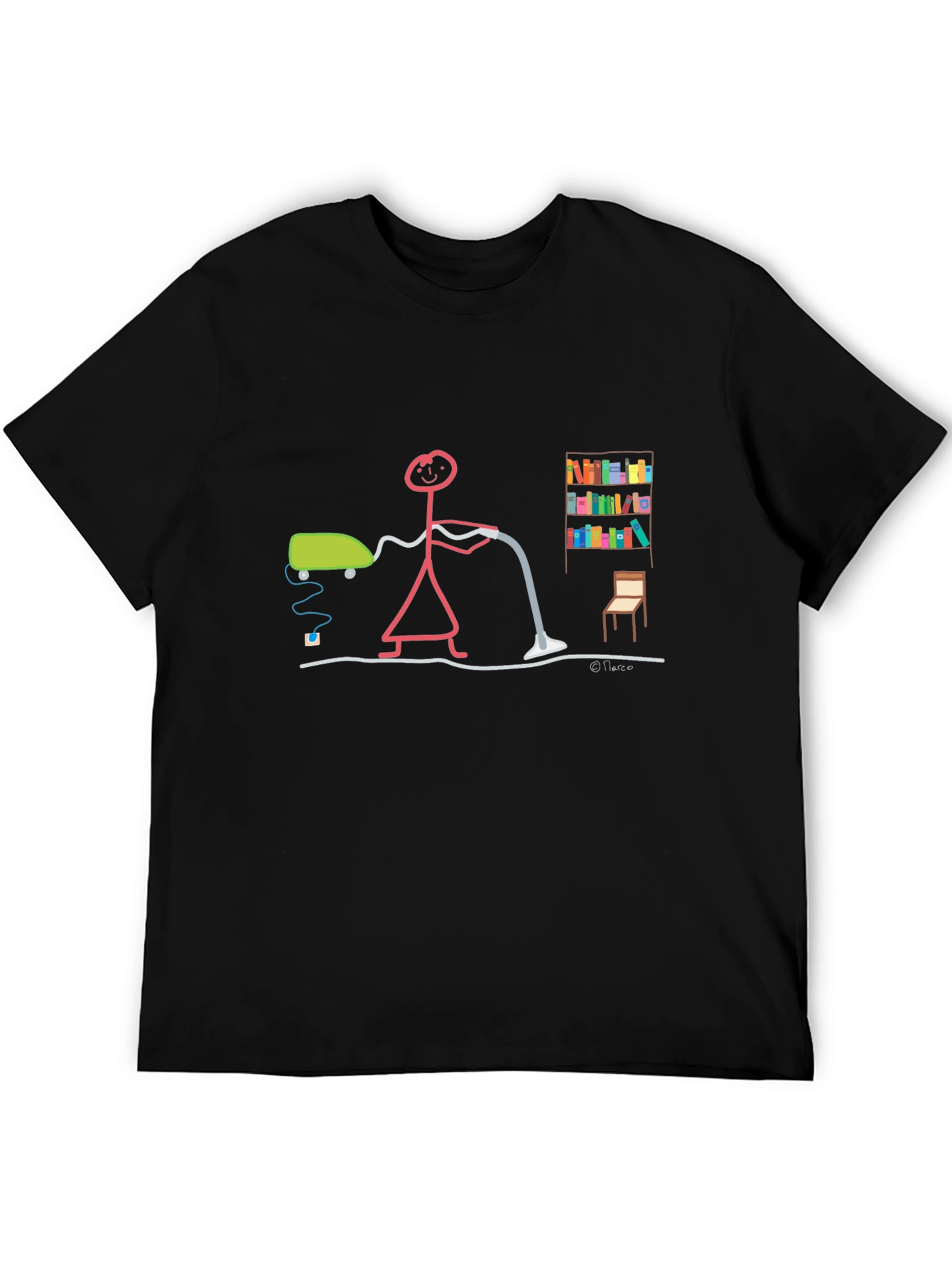Humorous Stick Figure Vacuuming Black T-Shirt