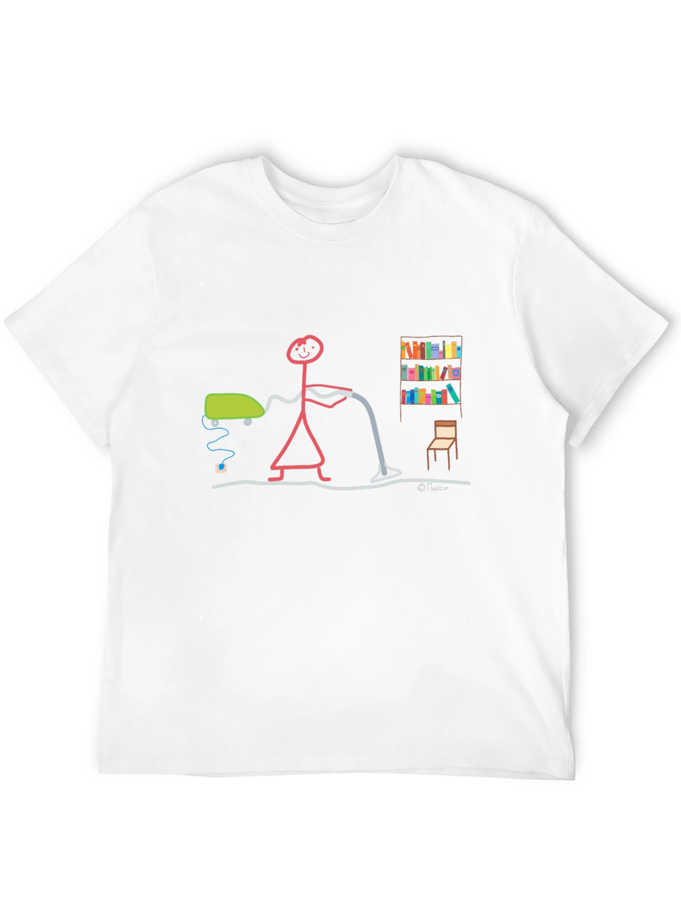 Humorous Stick Figure Vacuuming Black T-Shirt