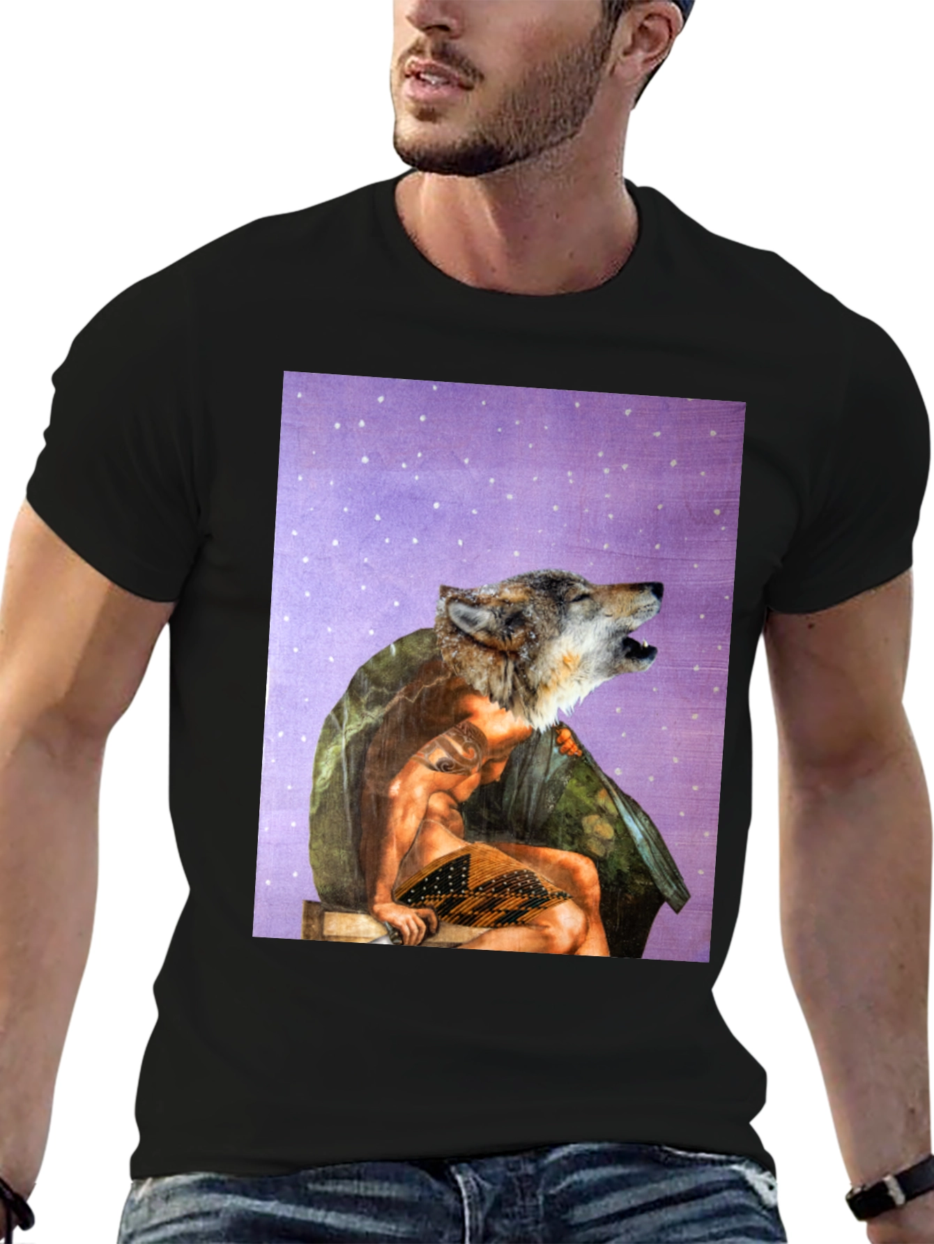 Wolf Man Graphic Tee - Black Cotton Blend