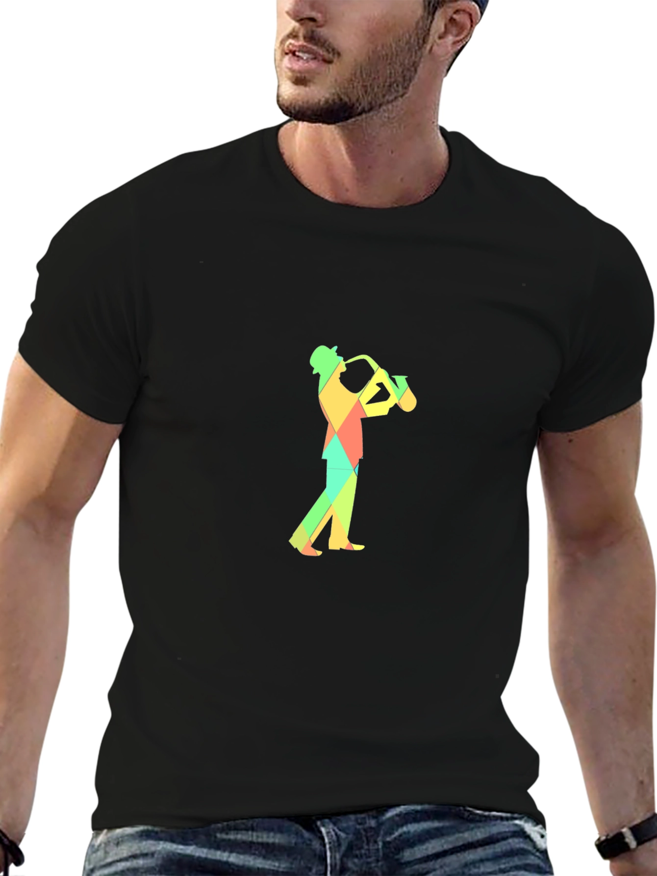 Geometric Saxophone Player Graphic Tee - Black