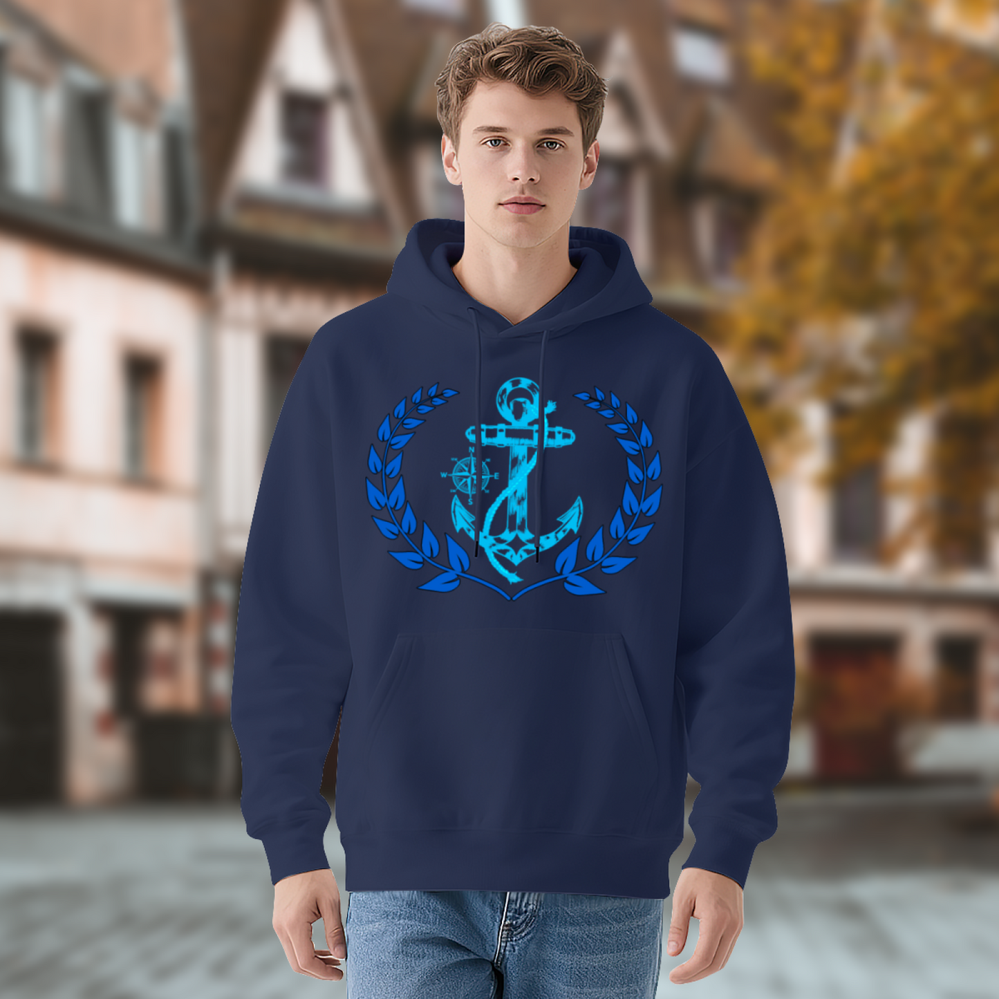 Nautical Anchor Wreath Relax Fit Navy Hoodie, Comfort Maritime Outfit