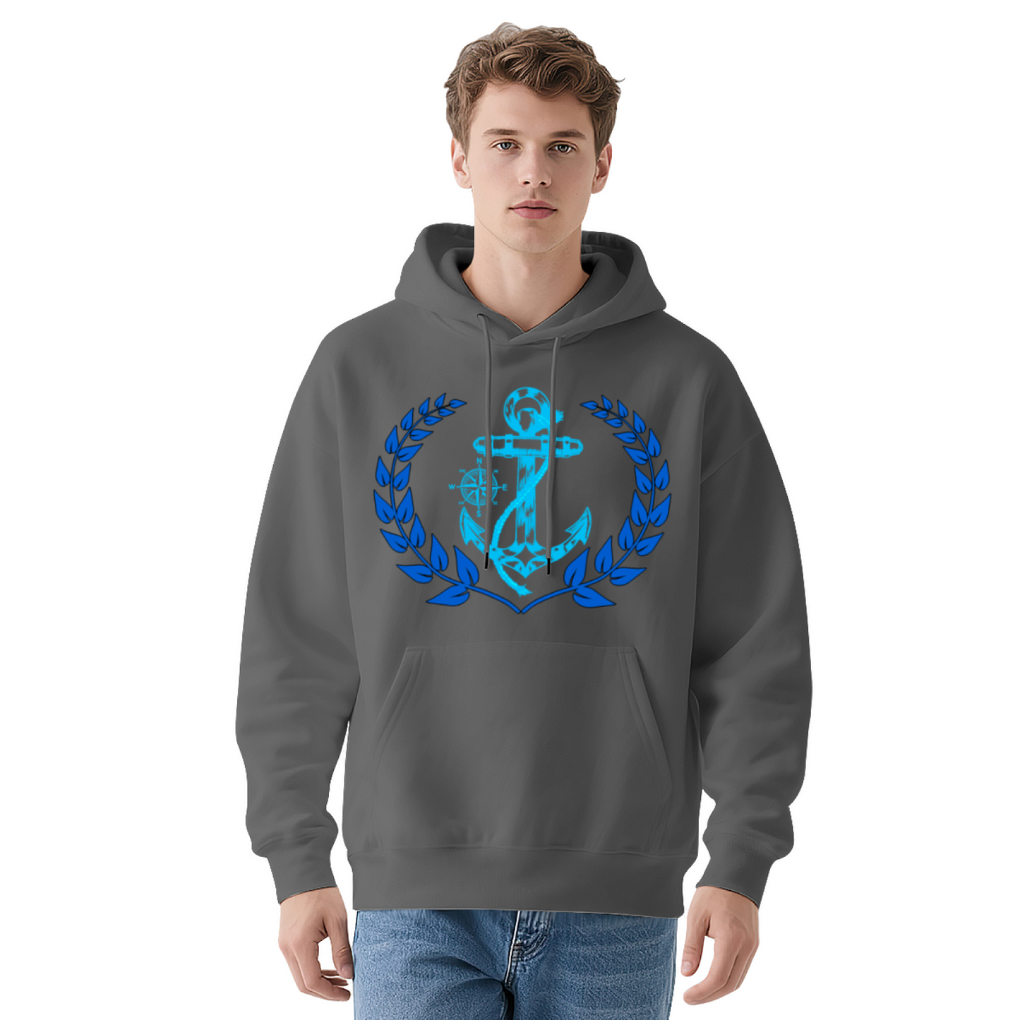Nautical Anchor Wreath Relax Fit Navy Hoodie, Comfort Maritime Outfit