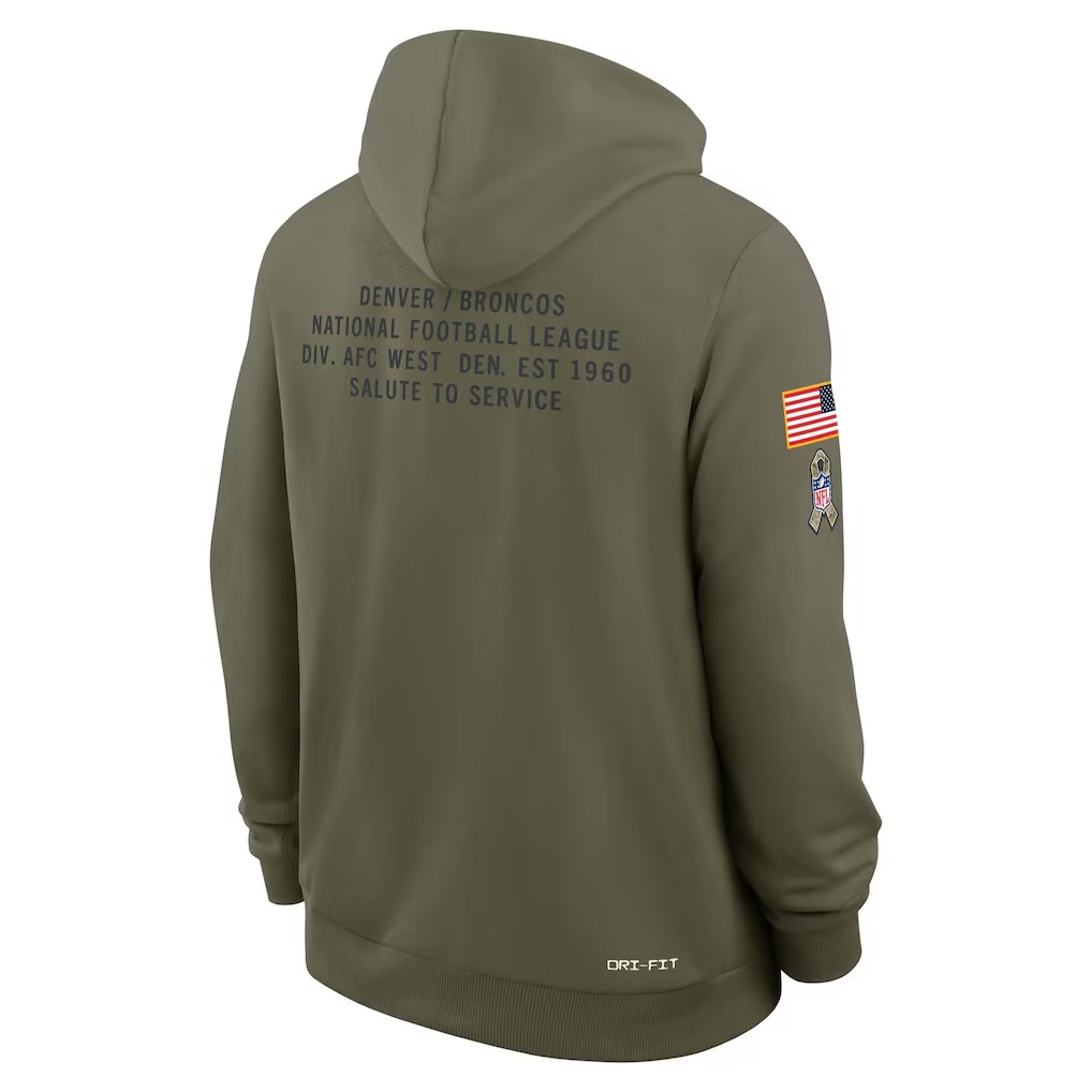 Men's Denver Broncos Nike Olive 2025 Salute to Service Sideline Standard Issue Dri-FIT Hoodie