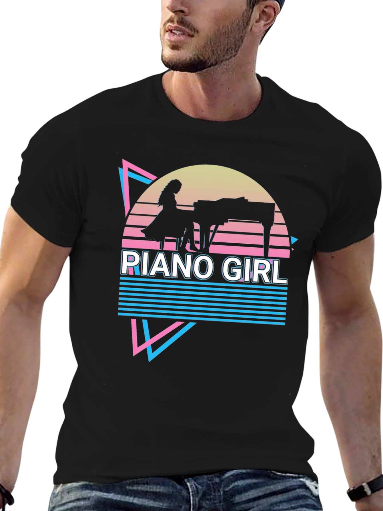 Retro Piano Girl T-Shirt - Synthwave Design